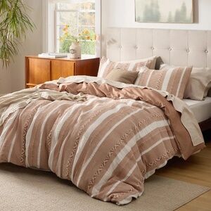 Bedsure Boho Waffle Weave 100% Cotton Duvet Cover Set Stripe Terracotta, King